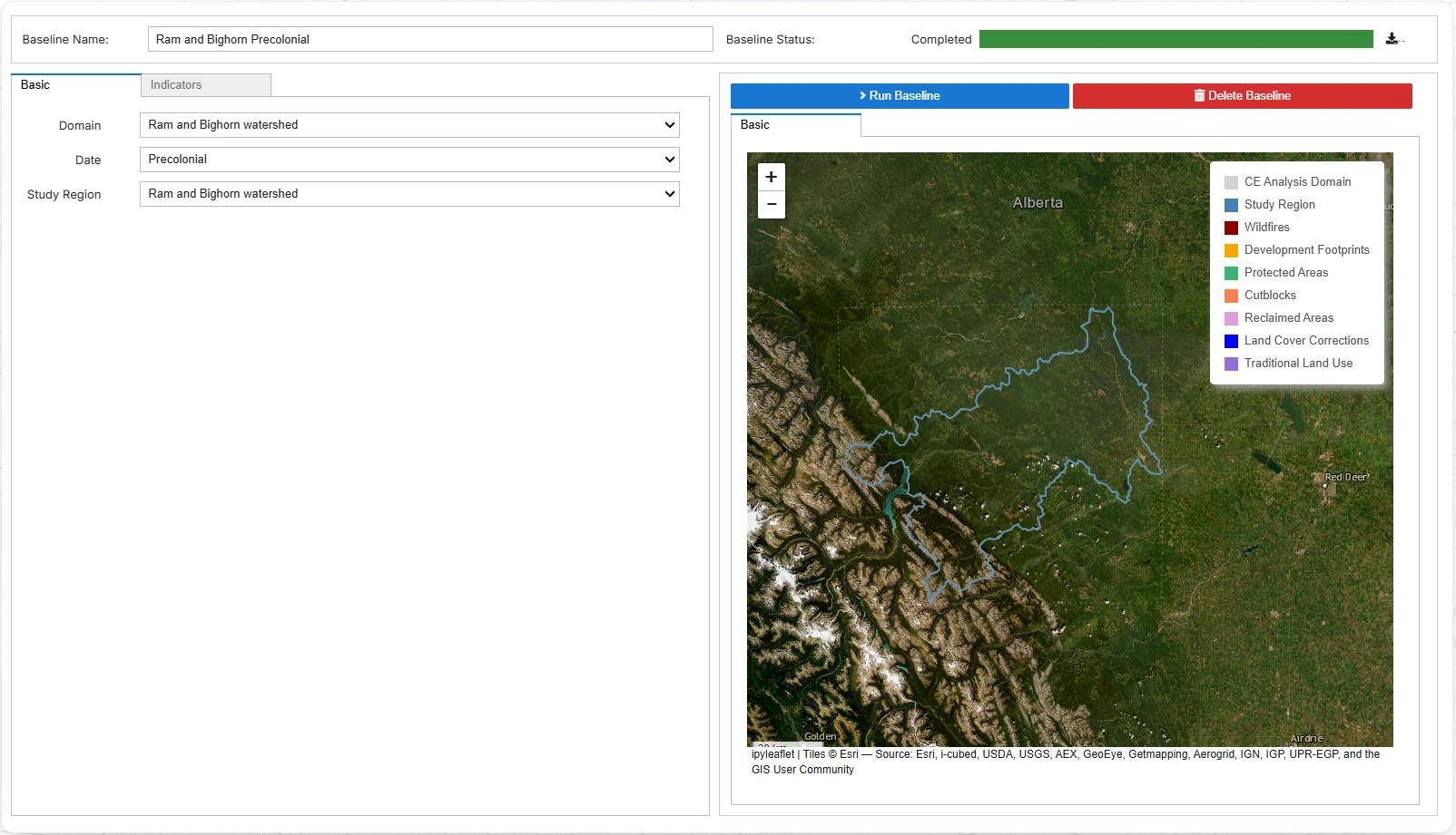 Two screens from the ALCES web tools: a precolonial baseline set up for a watershed in Alberta, shown on a satellite map, and a project scenario adding access roads and well sites to it.